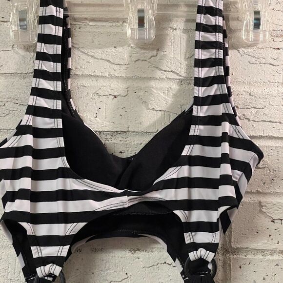 Material Girl Bow Striped Black White Pink One Piece Cut Out Swimsuit Small - Picture 5 of 10